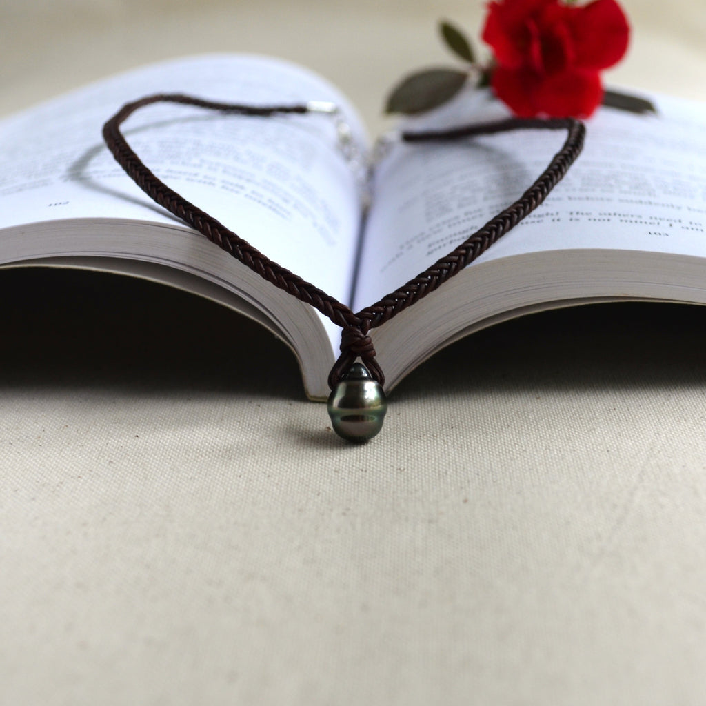 Baroque Tahitian Pearl on Hand-Braided Leather Necklace Unisex 17" Long Plus 2" Extender Chain