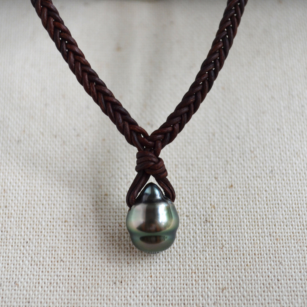 Baroque Tahitian Pearl on Hand-Braided Leather Necklace Unisex 17" Long Plus 2" Extender Chain