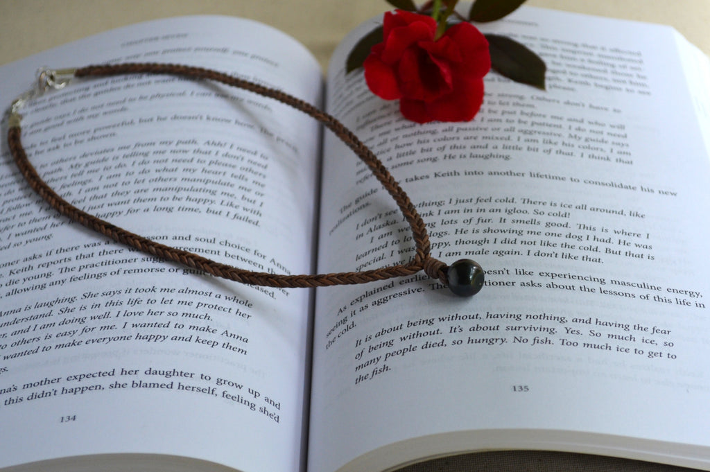 Genuine Tahitian Pearl Necklace on Hand-Braided Brown Gray Leather – Unisex