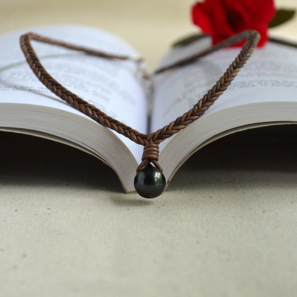 Genuine Tahitian Pearl Necklace on Hand-Braided Brown Gray Leather – Unisex