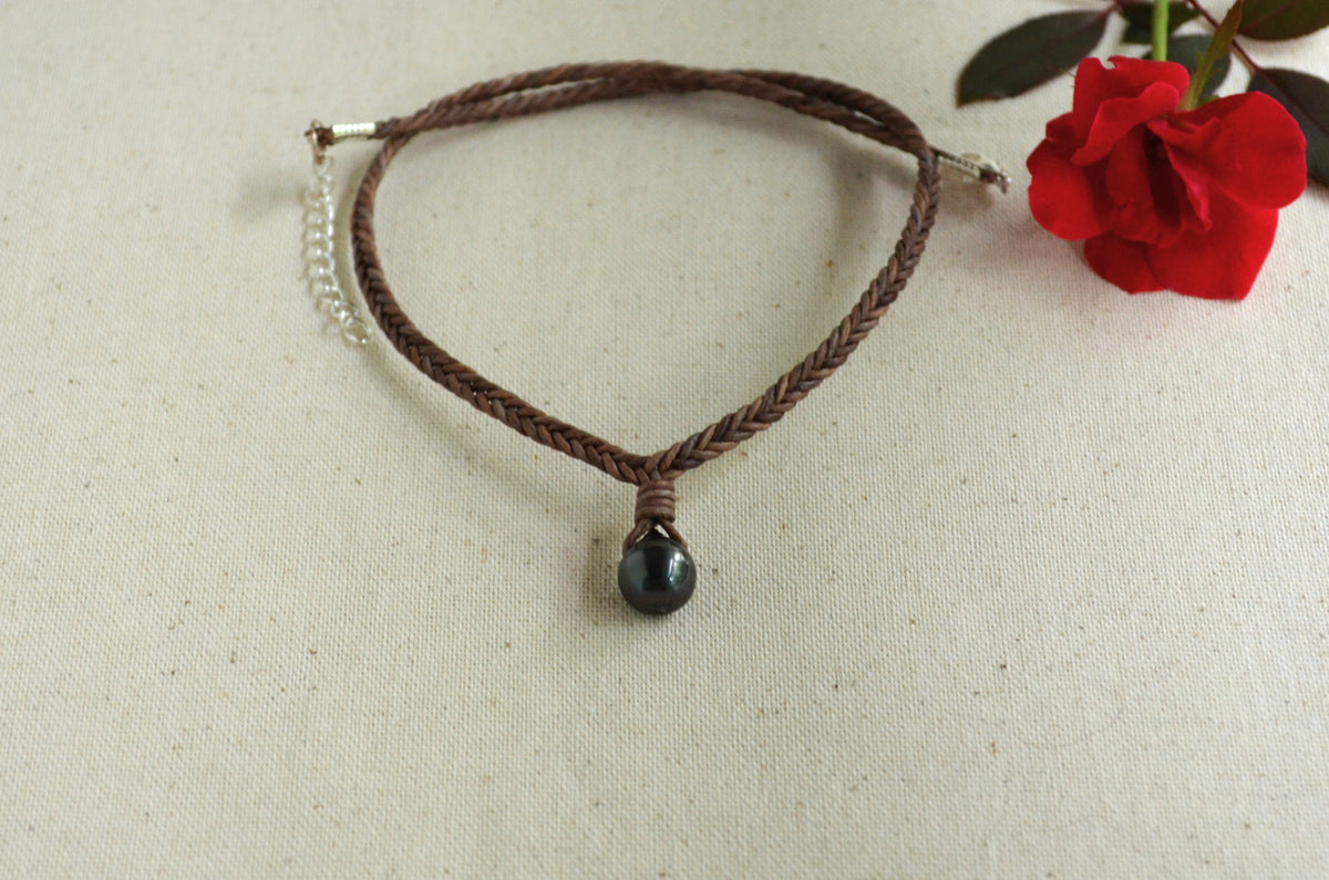 Genuine Tahitian Pearl Necklace on Hand-Braided Brown Gray Leather – Unisex