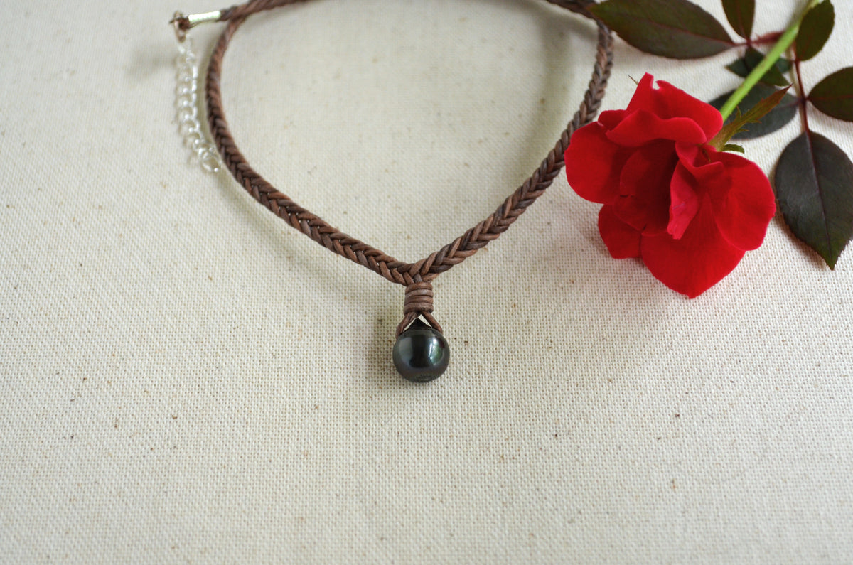 Genuine Tahitian Pearl Necklace on Hand-Braided Brown Gray Leather – Unisex