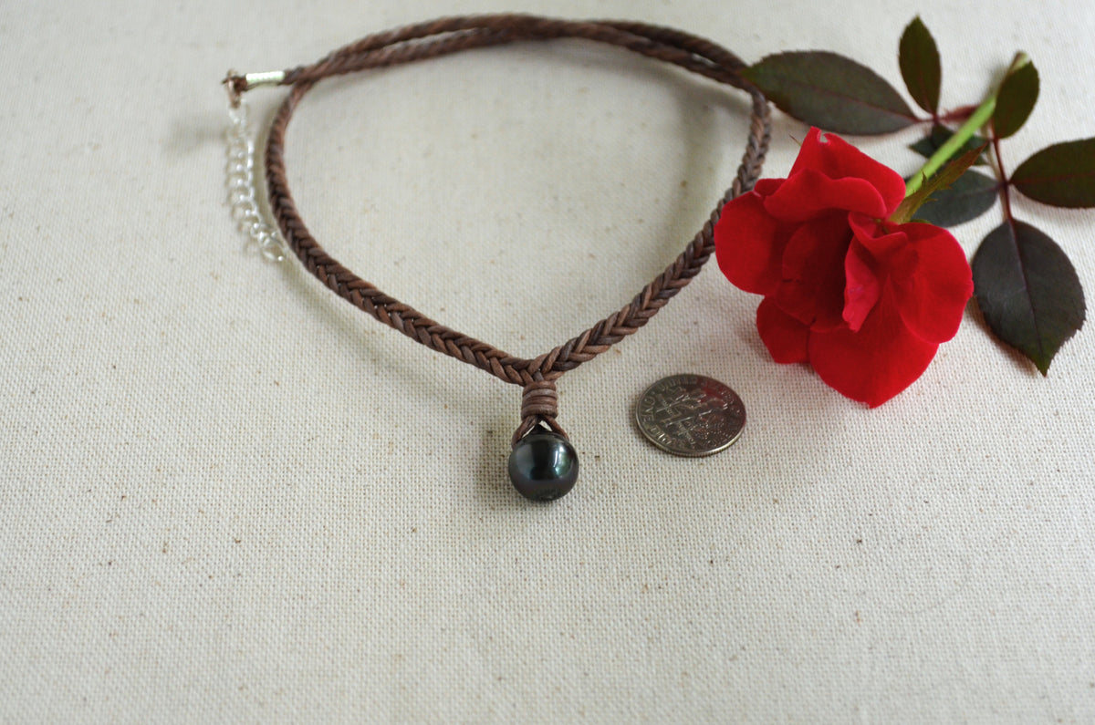 Genuine Tahitian Pearl Necklace on Hand-Braided Brown Gray Leather – Unisex