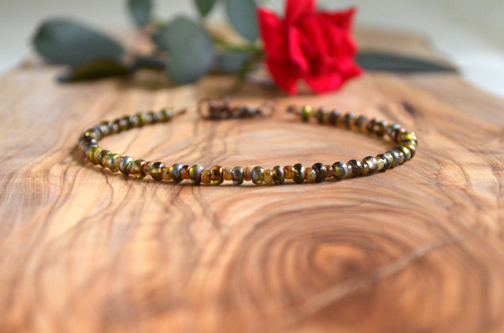 Etched Crystal Magic Green Czech Glass Beds Anklet Gift For Her