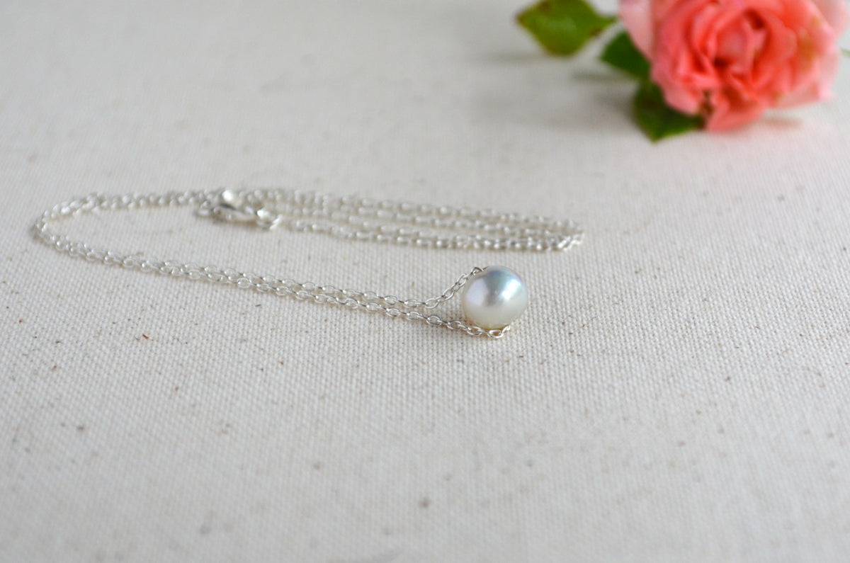 Blue Akoya Pearl Floating Necklace – 8.2mm Baroque Pearl in Sterling Silver