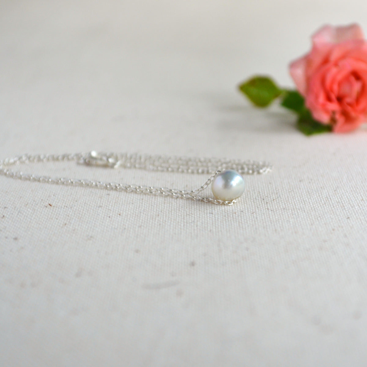 Blue Akoya Pearl Floating Necklace – 8.2mm Baroque Pearl in Sterling Silver