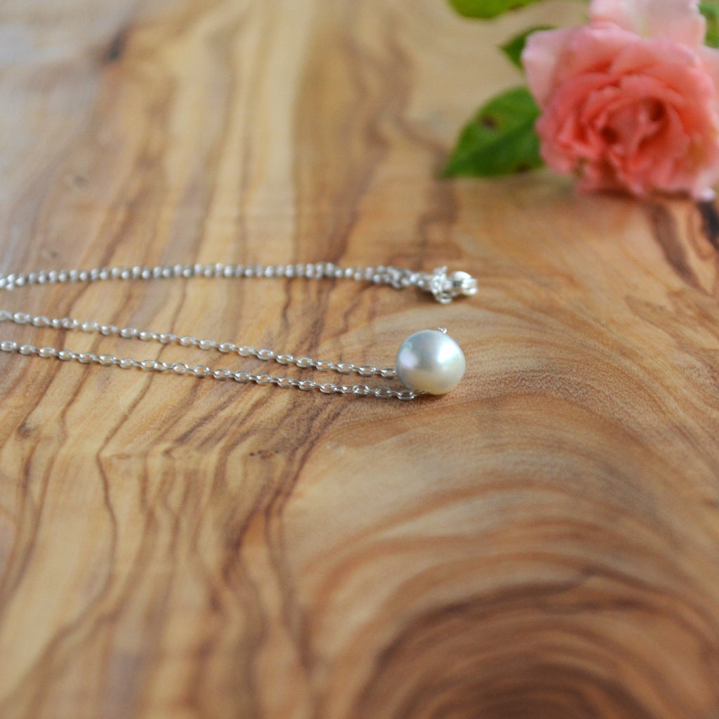 Blue Akoya Pearl Floating Necklace – 8.2mm Baroque Pearl in Sterling Silver