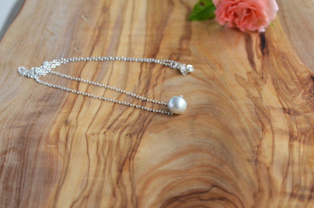 Blue Akoya Pearl Floating Necklace – 8.2mm Baroque Pearl in Sterling Silver