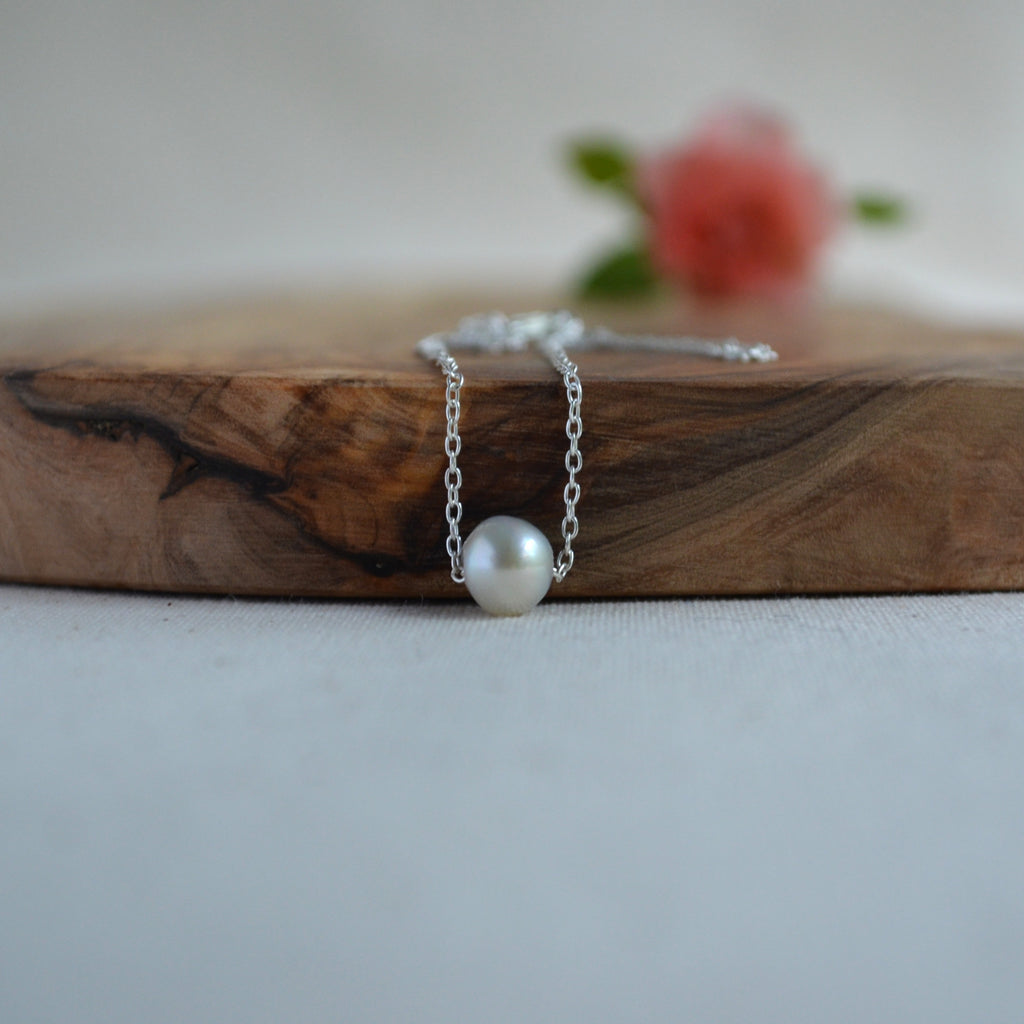 Blue Akoya Pearl Floating Necklace – 8.2mm Baroque Pearl in Sterling Silver