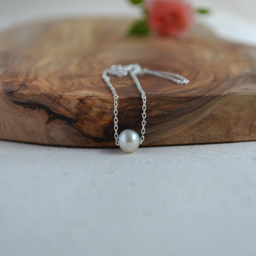 Blue Akoya Pearl Floating Necklace – 8.2mm Baroque Pearl in Sterling Silver