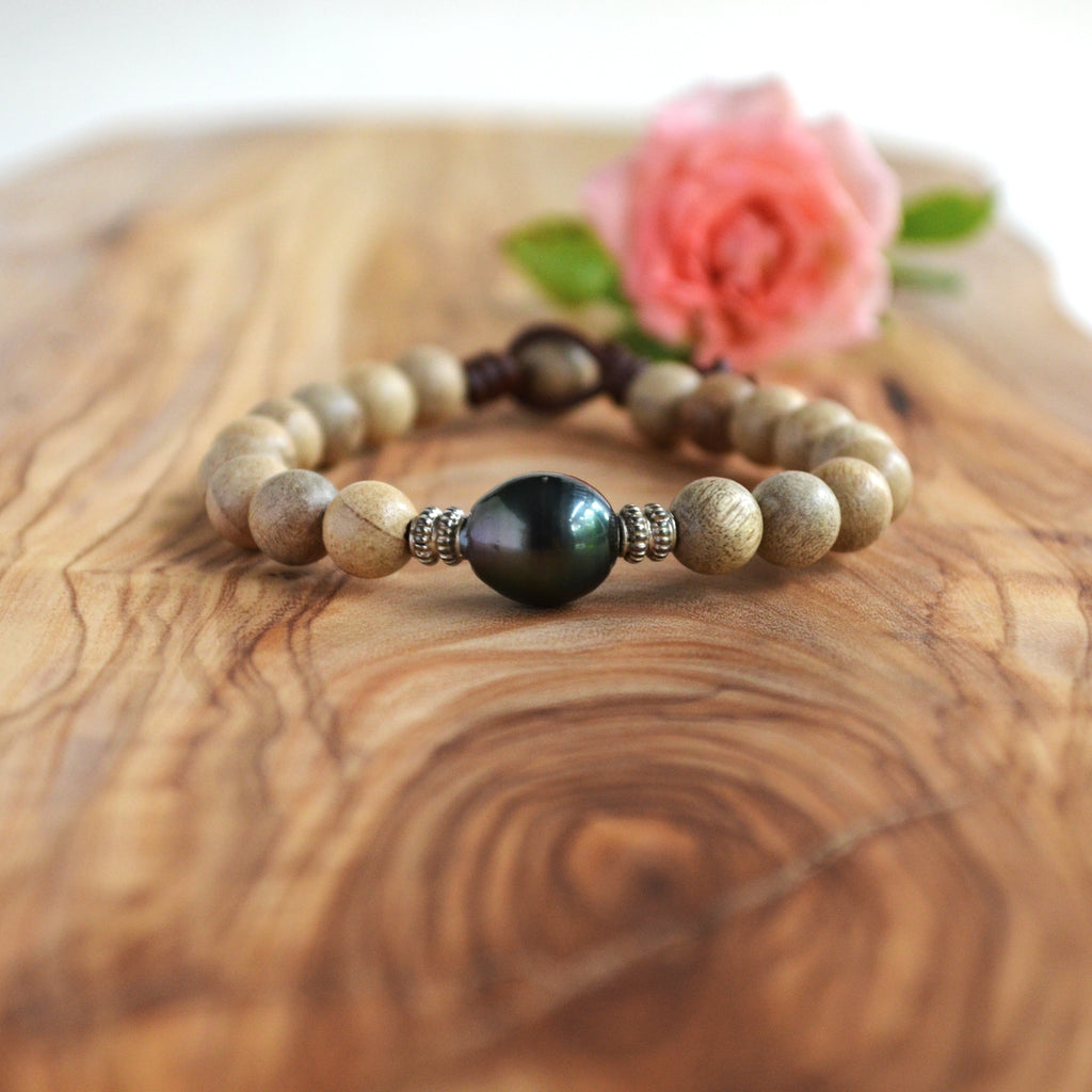 Large Tahitian Pearl Bracelet: Sandalwood Beads, Sterling Silver, Greek Leather