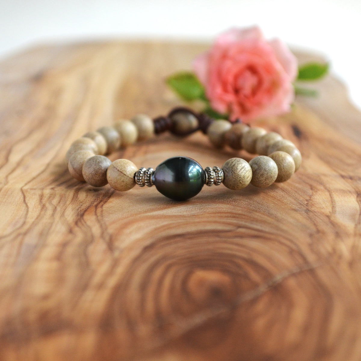 Large Tahitian Pearl Bracelet: Sandalwood Beads, Sterling Silver, Greek Leather