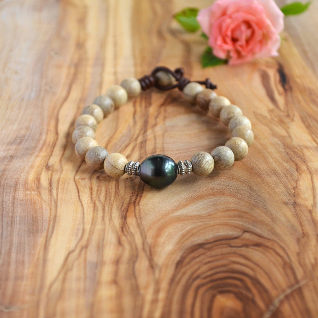 Large Tahitian Pearl Bracelet: Sandalwood Beads, Sterling Silver, Greek Leather