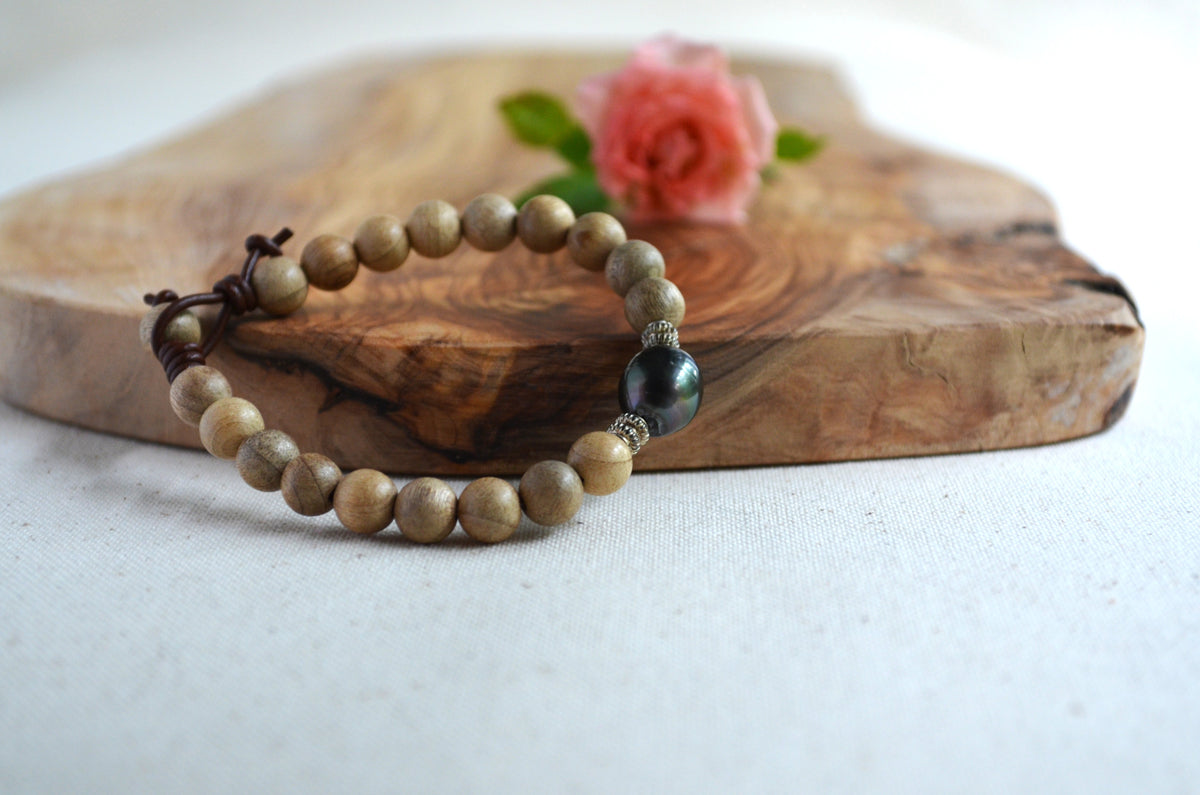 Large Tahitian Pearl Bracelet: Sandalwood Beads, Sterling Silver, Greek Leather