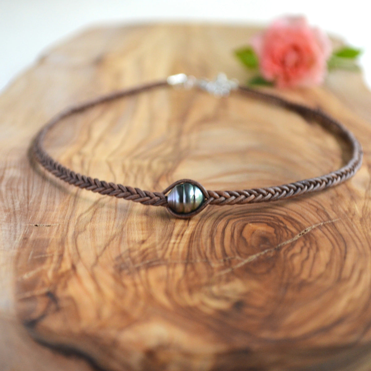 Tahitian Pearl Hand-Braided Leather Choker – 9.7mm Brown-Grey Necklace