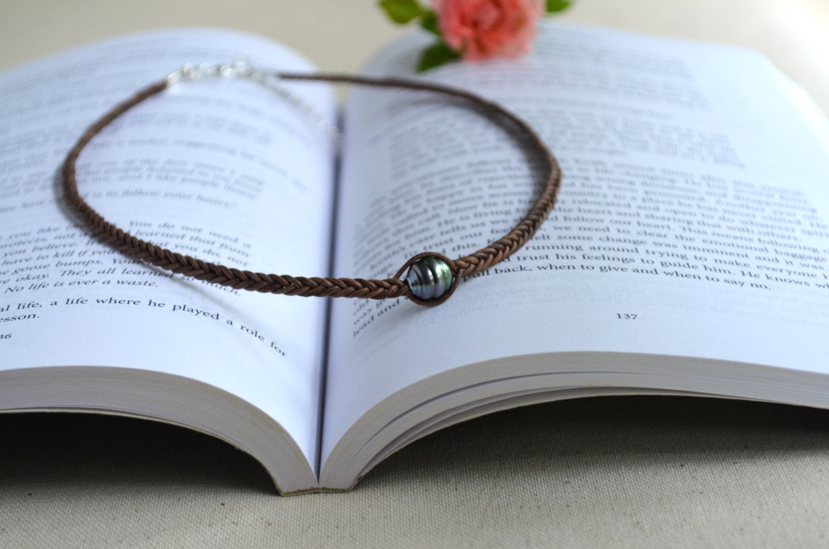 Tahitian Pearl Hand-Braided Leather Choker – 9.7mm Brown-Grey Necklace