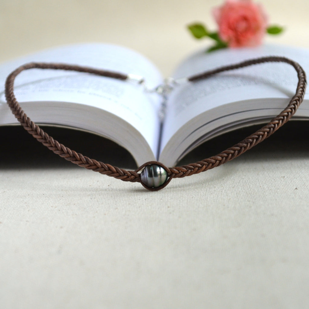 Tahitian Pearl Hand-Braided Leather Choker – 9.7mm Brown-Grey Necklace