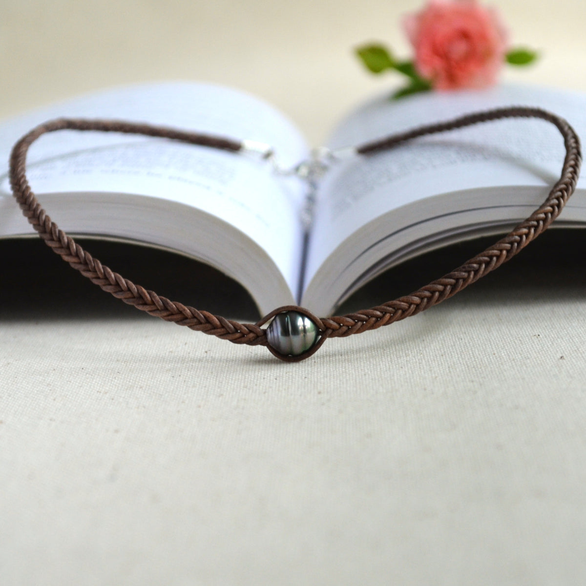 Tahitian Pearl Hand-Braided Leather Choker – 9.7mm Brown-Grey Necklace