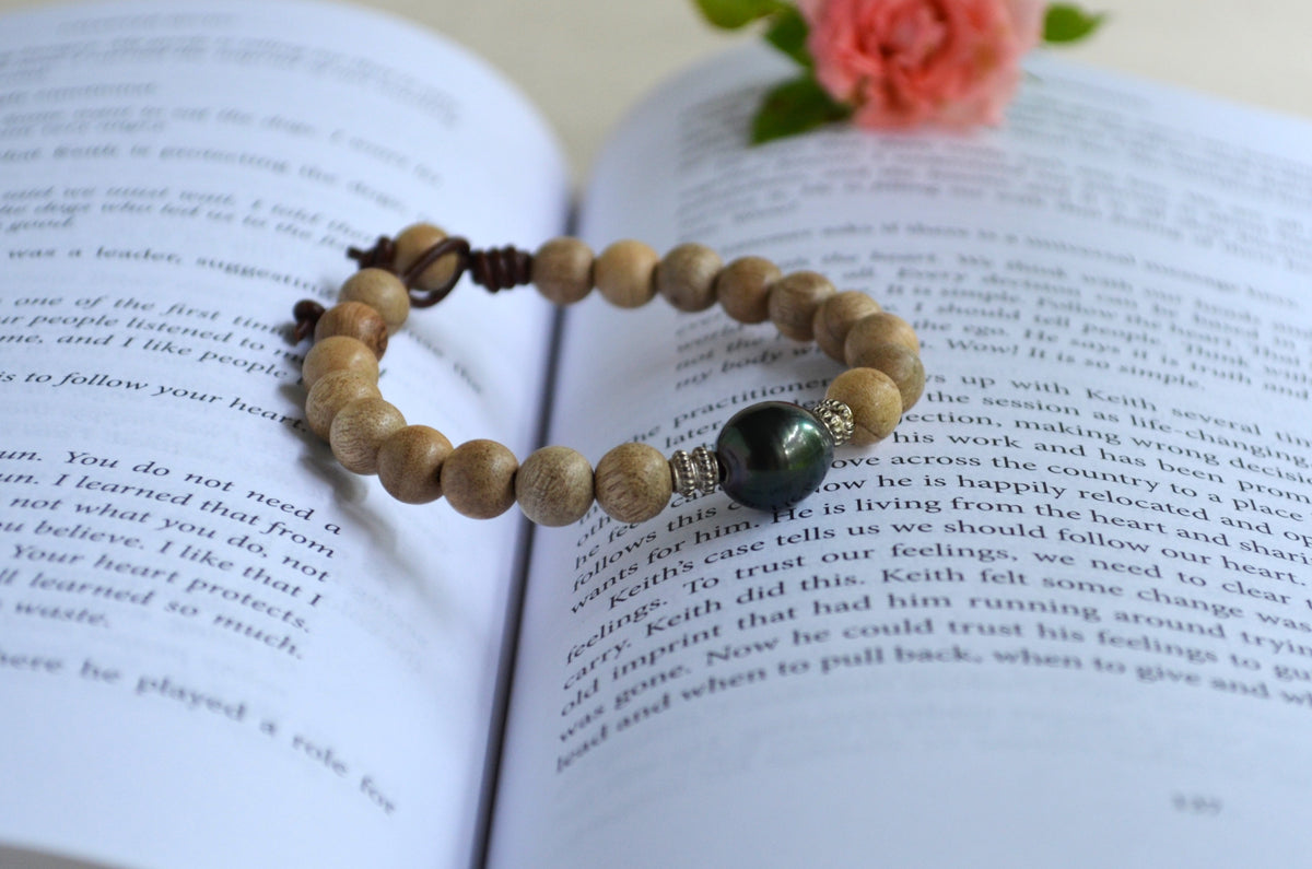 Large Tahitian Pearl Bracelet: Sandalwood Beads, Sterling Silver, Greek Leather