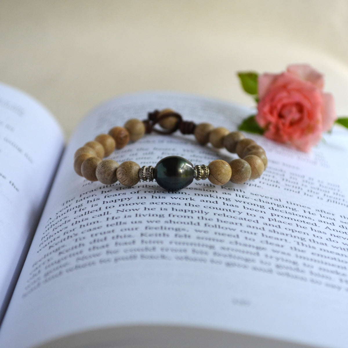 Large Tahitian Pearl Bracelet: Sandalwood Beads, Sterling Silver, Greek Leather