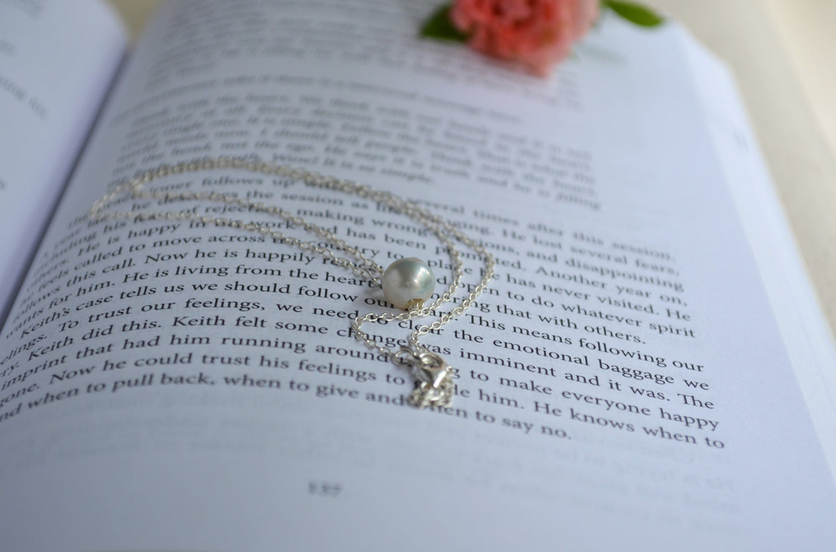 Blue Akoya Pearl Floating Necklace – 8.2mm Baroque Pearl in Sterling Silver