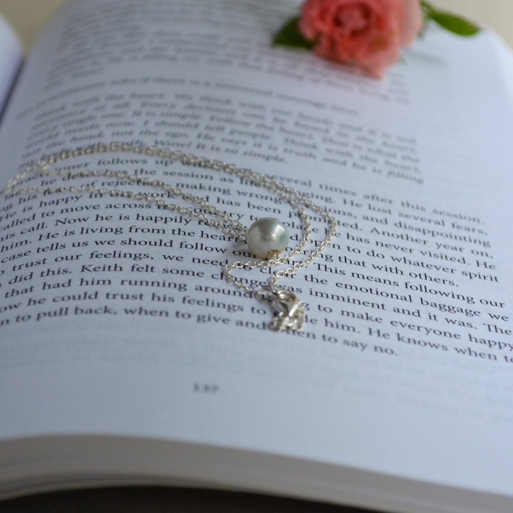 Blue Akoya Pearl Floating Necklace – 8.2mm Baroque Pearl in Sterling Silver
