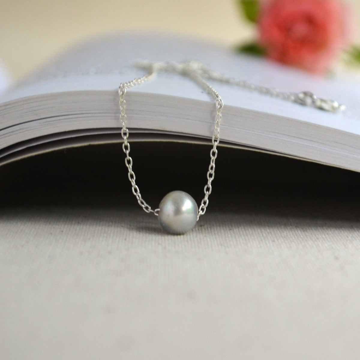 Blue Akoya Pearl Floating Necklace – 8.2mm Baroque Pearl in Sterling Silver