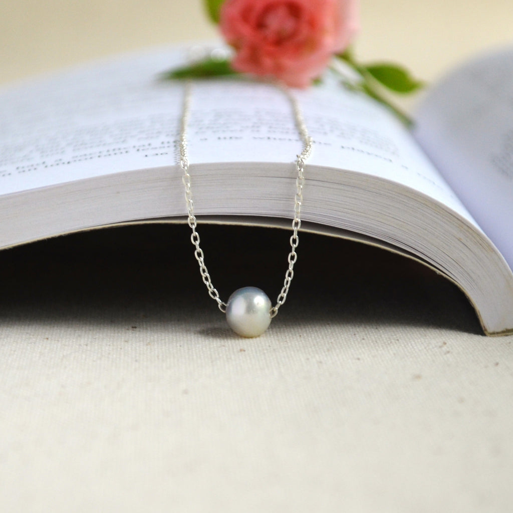Blue Akoya Pearl Floating Necklace – 8.2mm Baroque Pearl in Sterling Silver