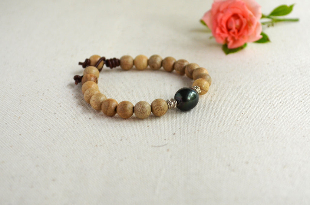 Large Tahitian Pearl Bracelet: Sandalwood Beads, Sterling Silver, Greek Leather