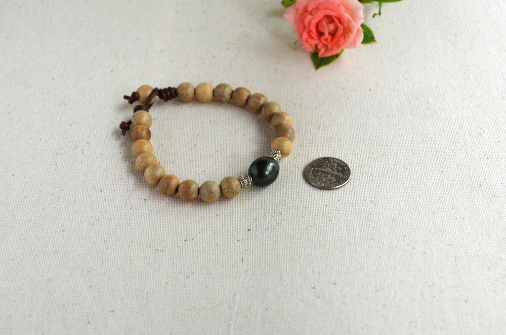 Large Tahitian Pearl Bracelet: Sandalwood Beads, Sterling Silver, Greek Leather