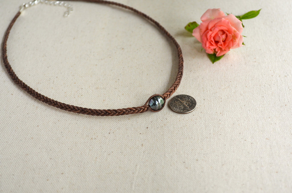 Tahitian Pearl Hand-Braided Leather Choker – 9.7mm Brown-Grey Necklace