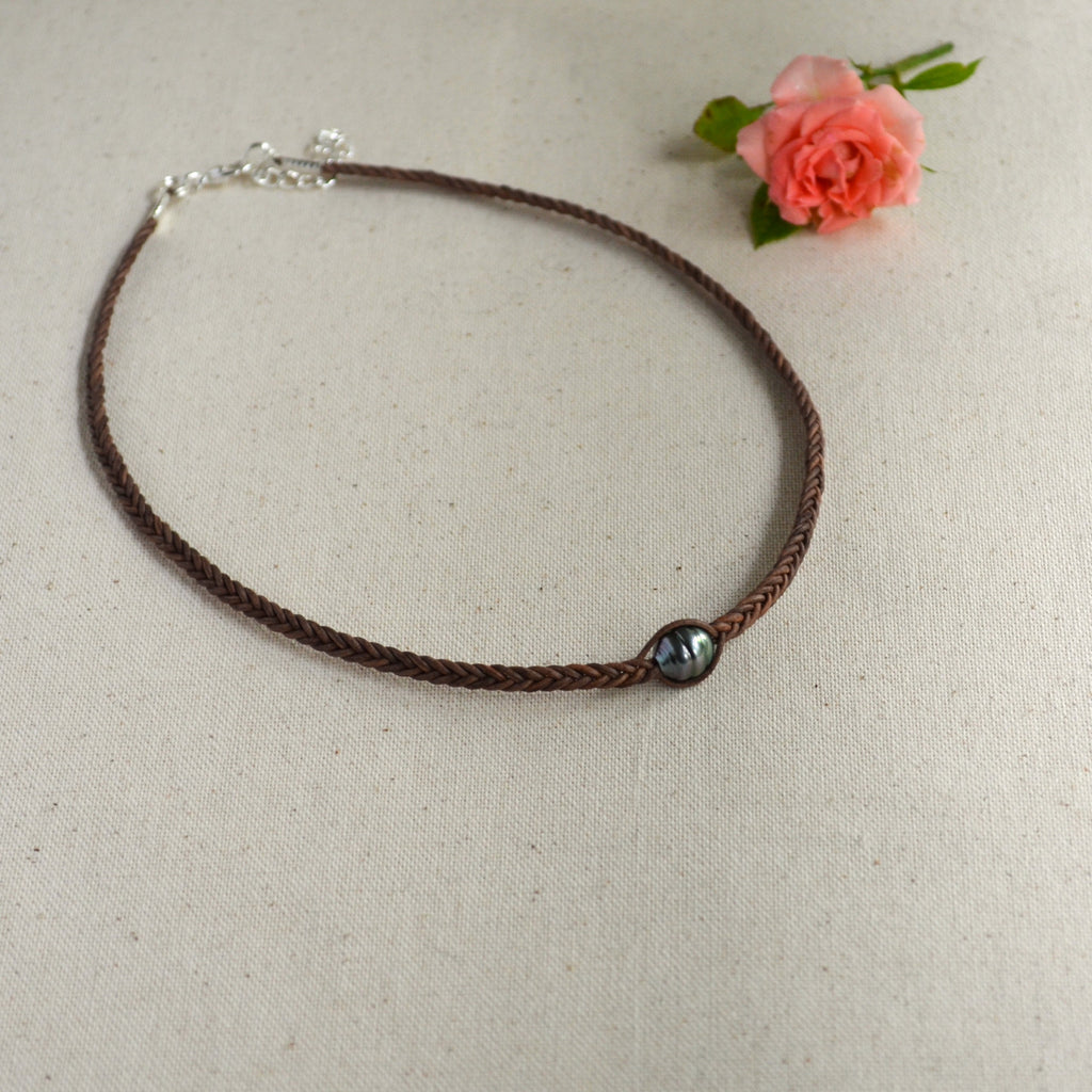 Tahitian Pearl Hand-Braided Leather Choker – 9.7mm Brown-Grey Necklace