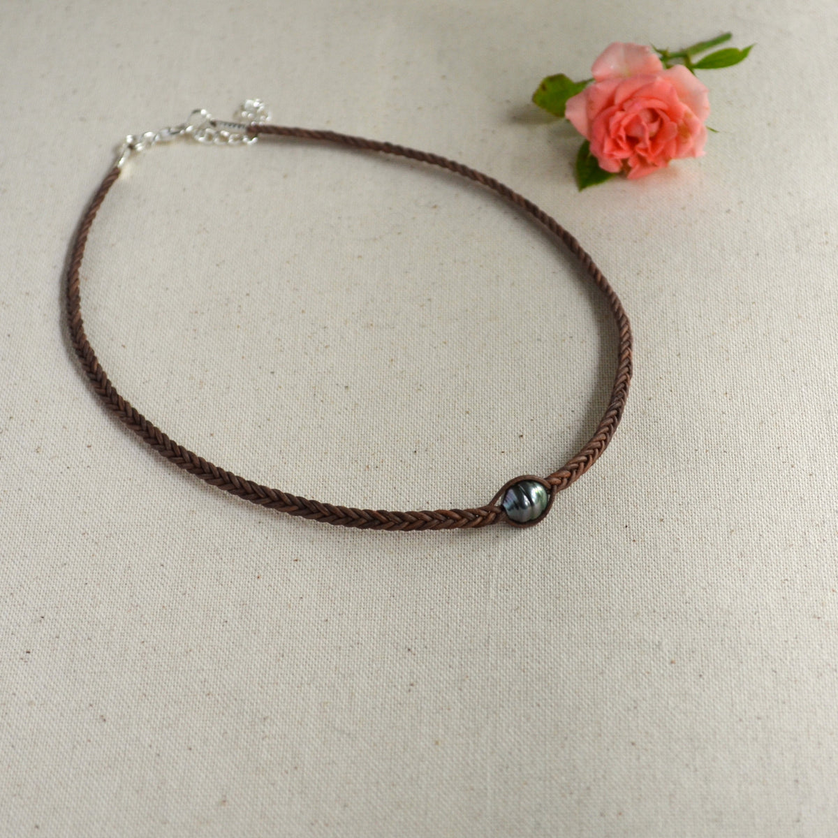 Tahitian Pearl Hand-Braided Leather Choker – 9.7mm Brown-Grey Necklace