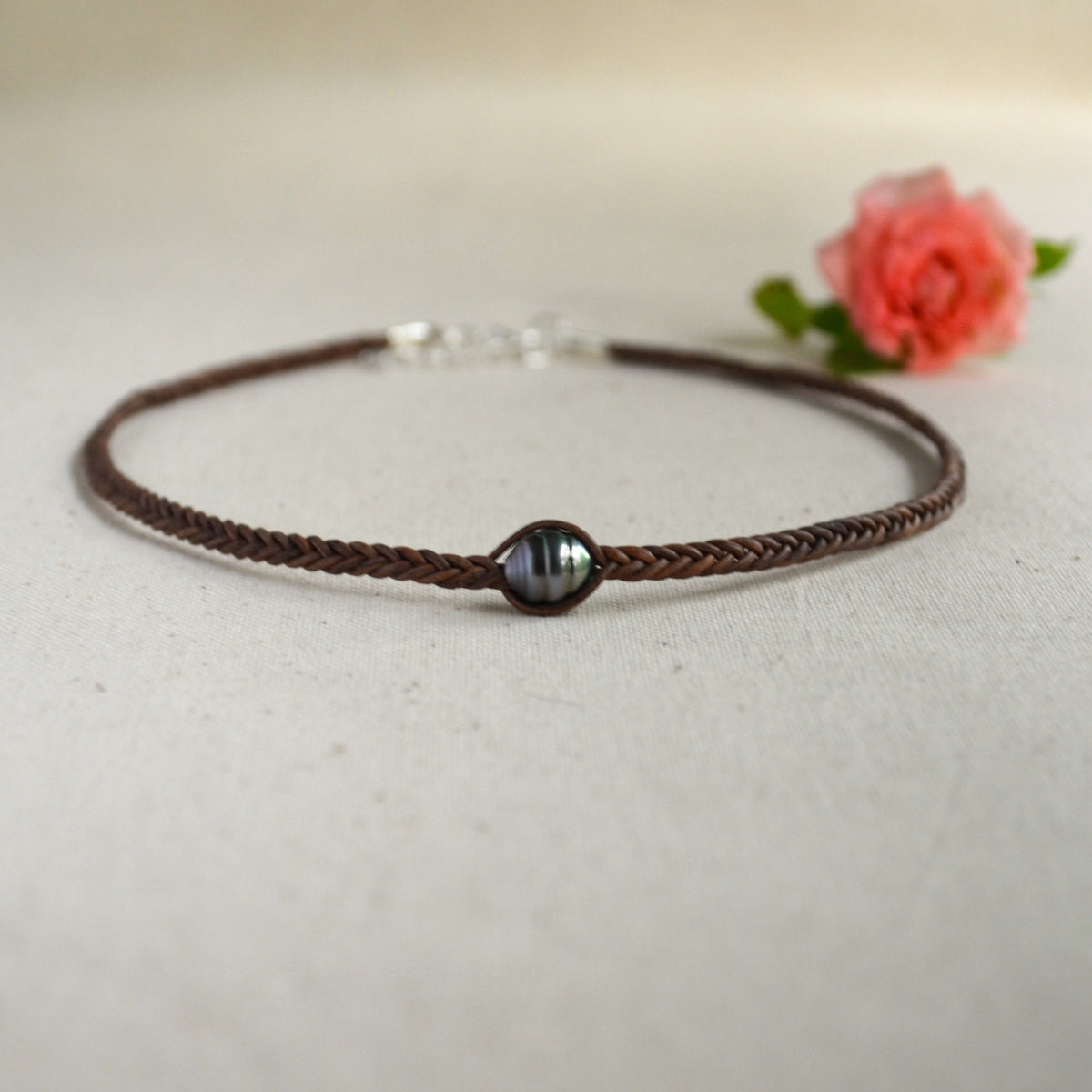 Tahitian Pearl Hand-Braided Leather Choker – 9.7mm Brown-Grey Necklace