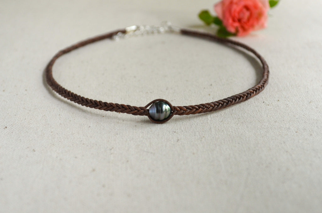 Tahitian Pearl Hand-Braided Leather Choker – 9.7mm Brown-Grey Necklace