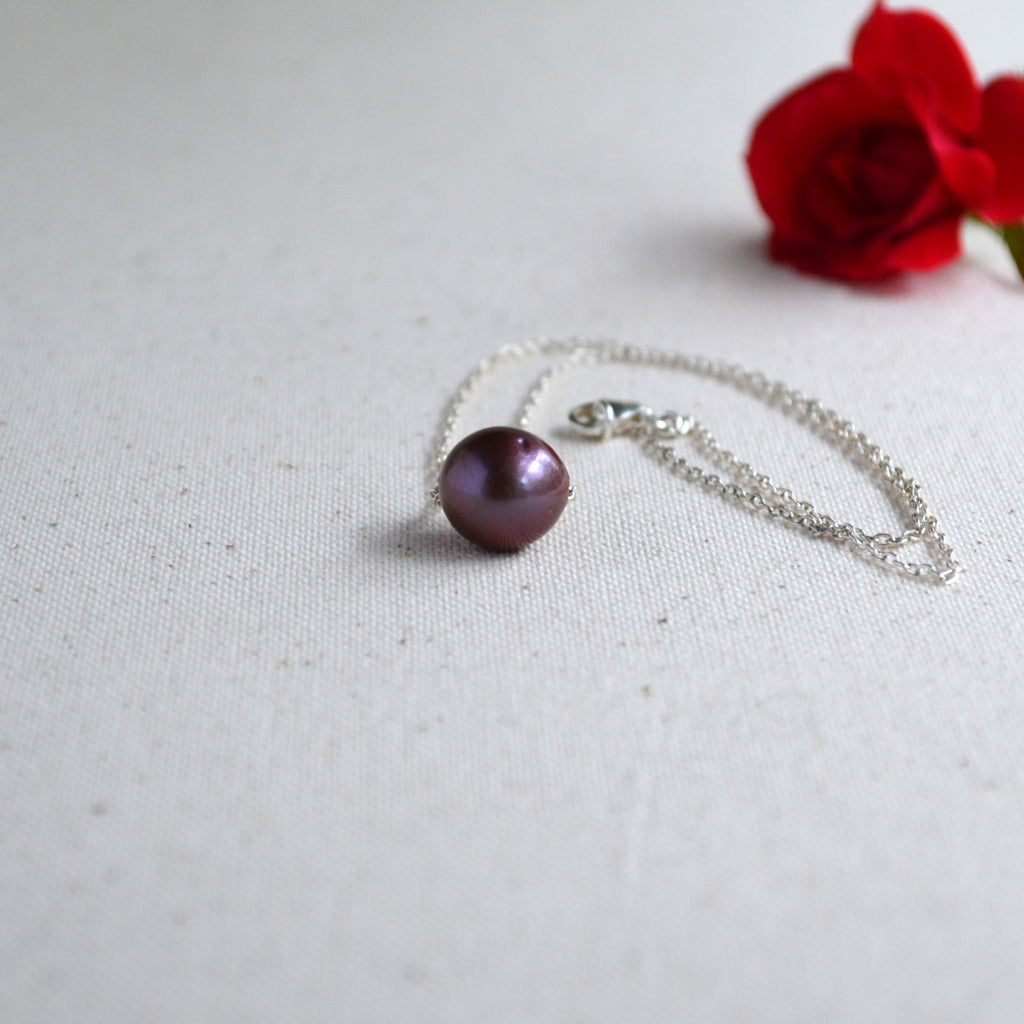 Purple Edison Pearl Necklace, 12 mm Floating Pearl, Sterling Silver Chain 16.25" Gift For Her