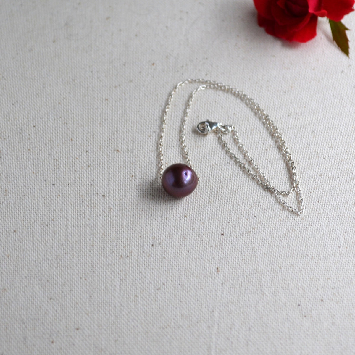Purple Edison Pearl Necklace, 12 mm Floating Pearl, Sterling Silver Chain 16.25" Gift For Her
