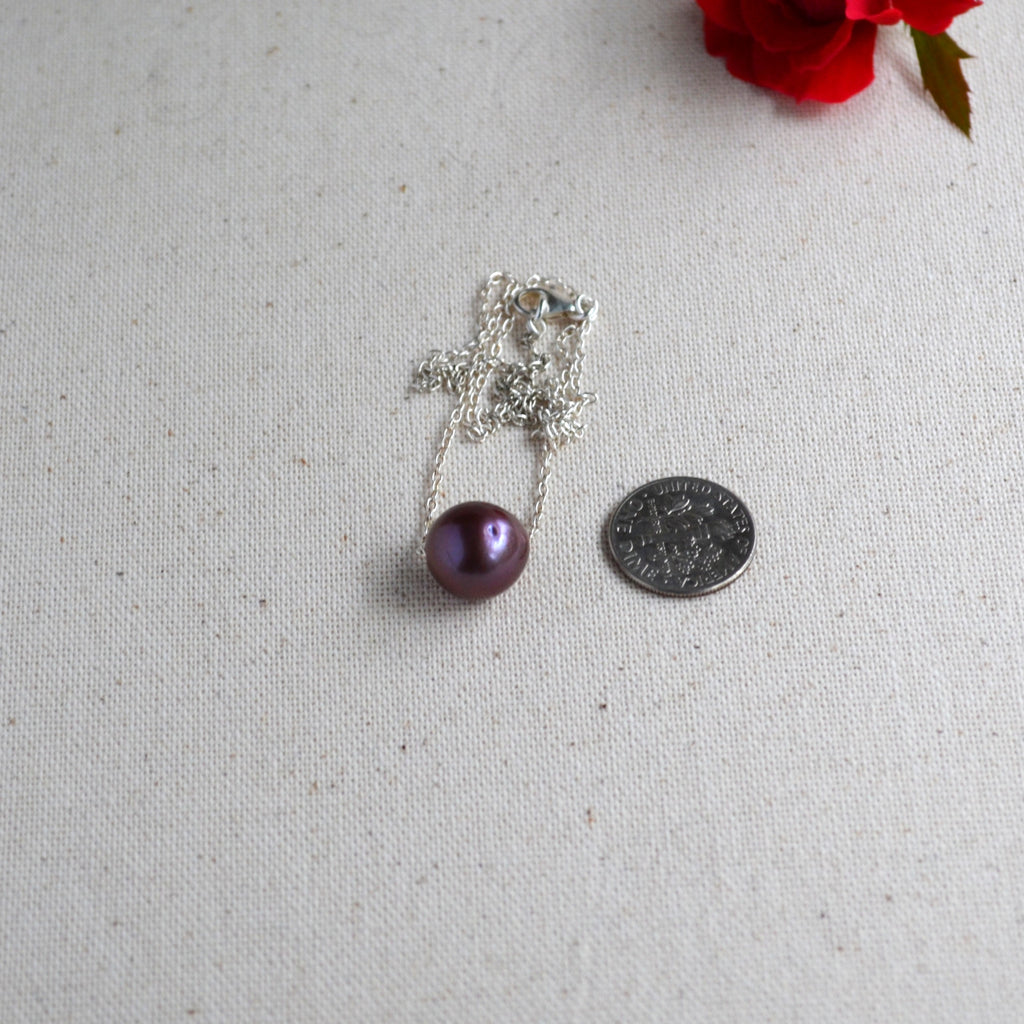 Purple Edison Pearl Necklace, 12 mm Floating Pearl, Sterling Silver Chain 16.25" Gift For Her