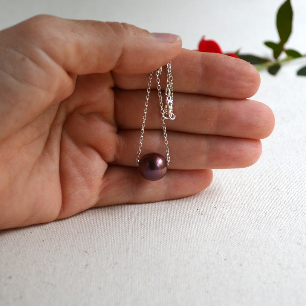 Purple Edison Pearl Necklace, 12 mm Floating Pearl, Sterling Silver Chain 16.25" Gift For Her