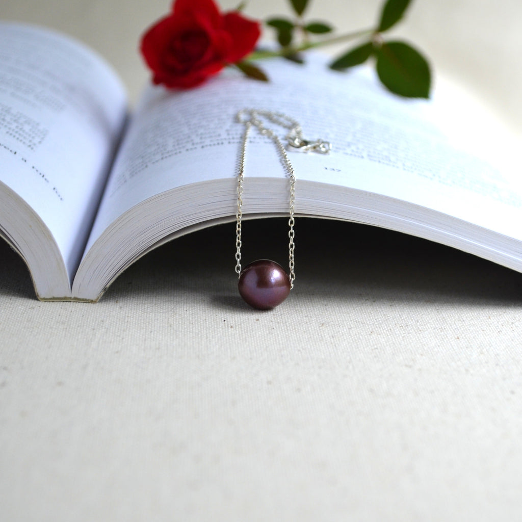 Purple Edison Pearl Necklace, 12 mm Floating Pearl, Sterling Silver Chain 16.25" Gift For Her