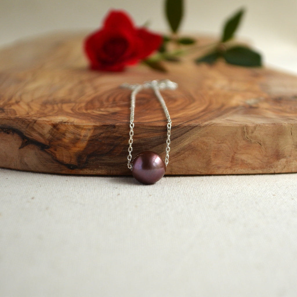 Purple Edison Pearl Necklace, 12 mm Floating Pearl, Sterling Silver Chain 16.25" Gift For Her