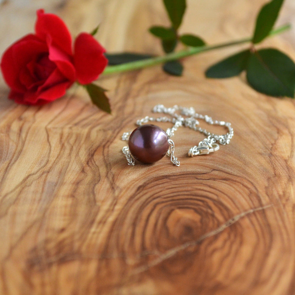 Purple Edison Pearl Necklace, 12 mm Floating Pearl, Sterling Silver Chain 16.25" Gift For Her