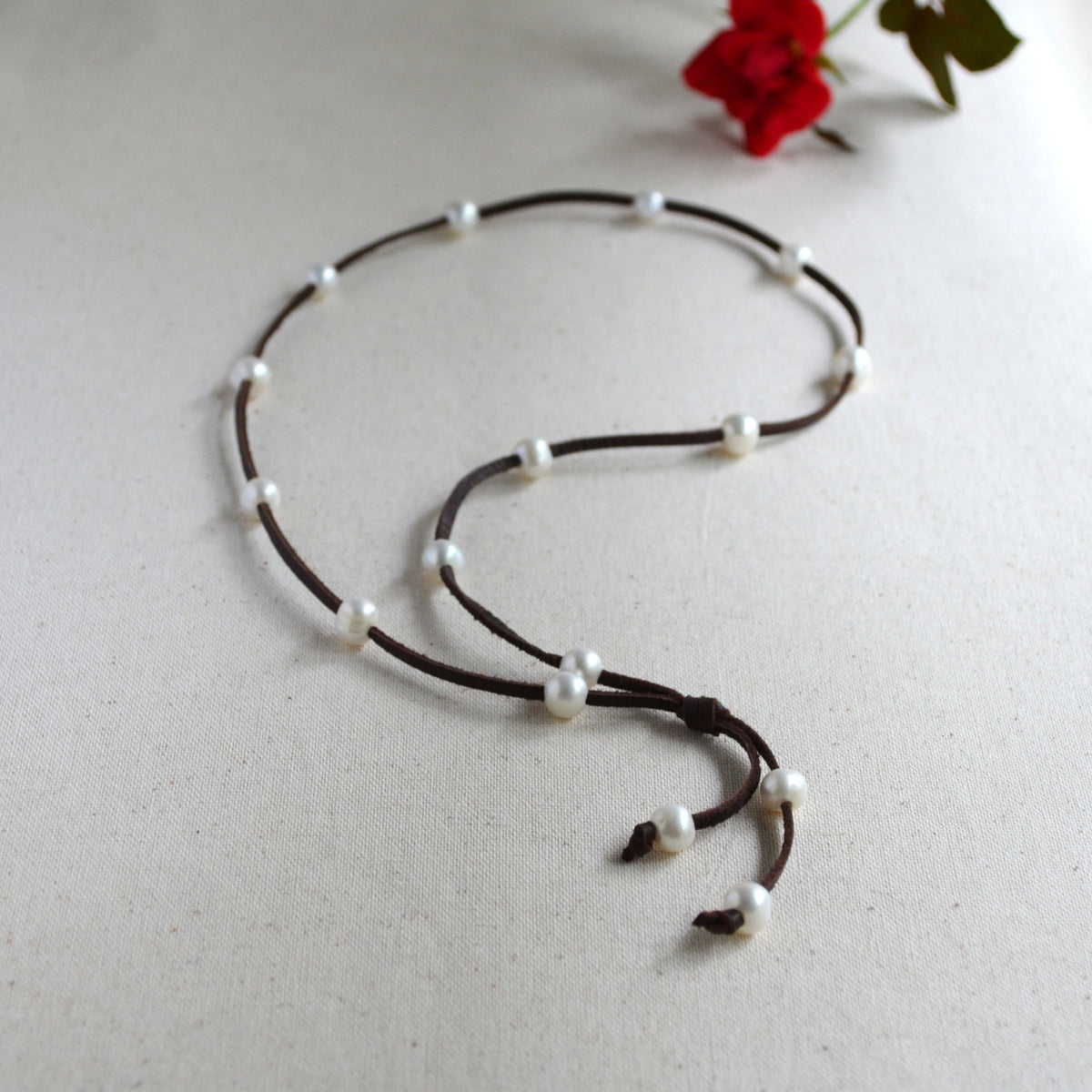 Freshwater Pearl Lariat Necklace in Deerskin Leather