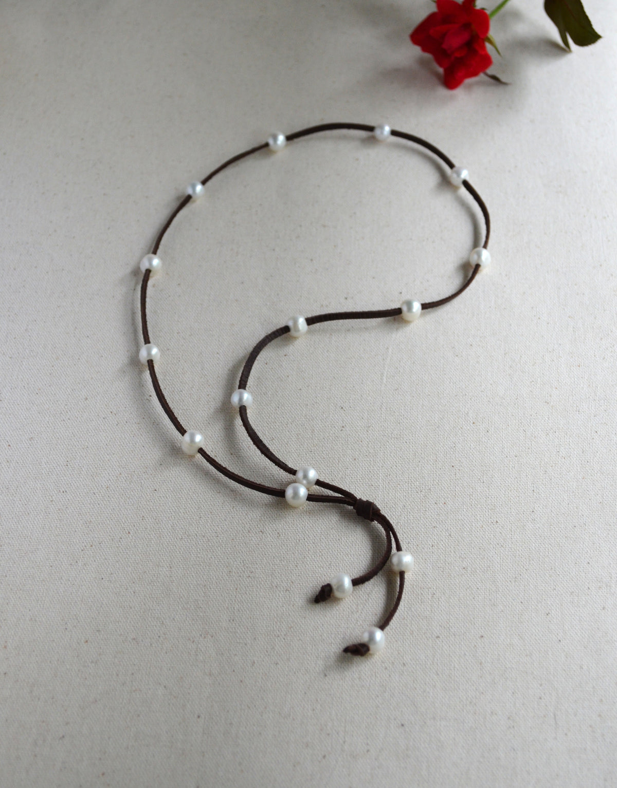 Freshwater Pearl Lariat Necklace in Deerskin Leather