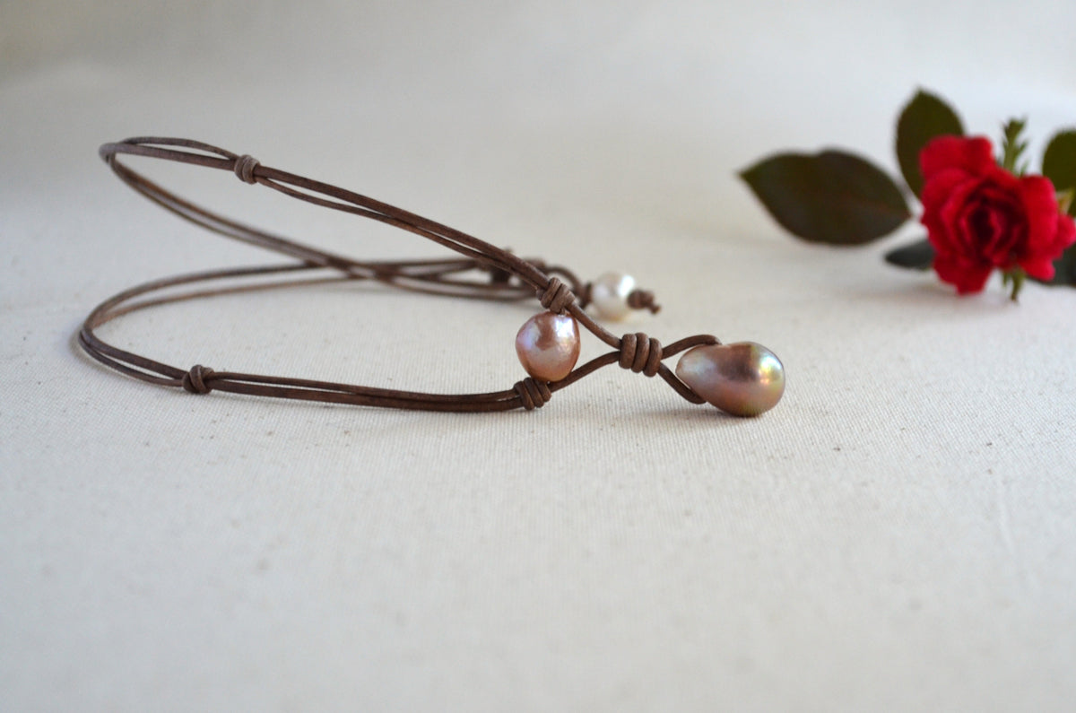 Pink Mauve Edison Pearl Necklace on Knotted Leather