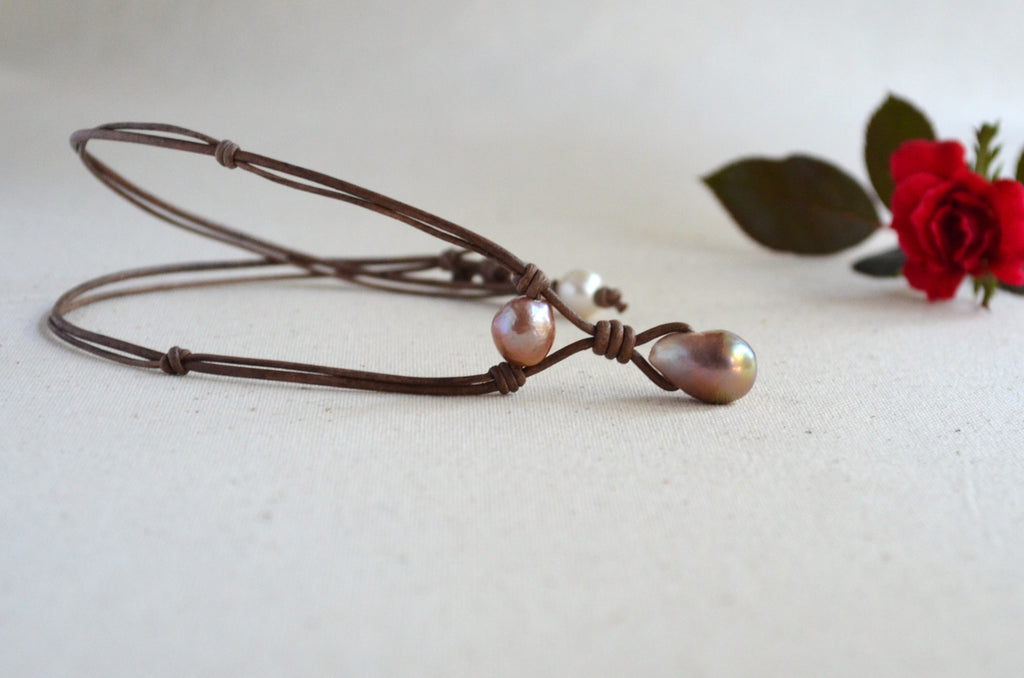 Pink Mauve Edison Pearl Necklace on Knotted Leather