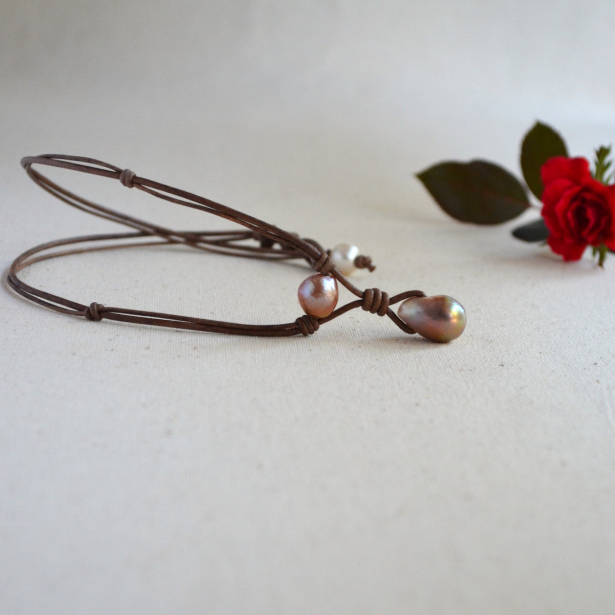 Pink Mauve Edison Pearl Necklace on Knotted Leather