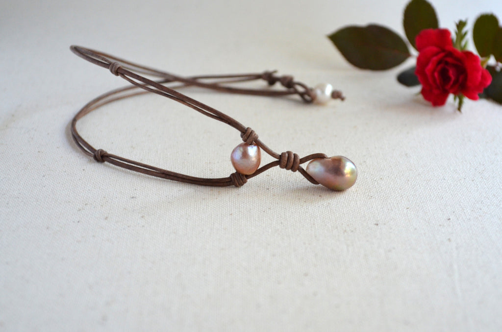 Pink Mauve Edison Pearl Necklace on Knotted Leather