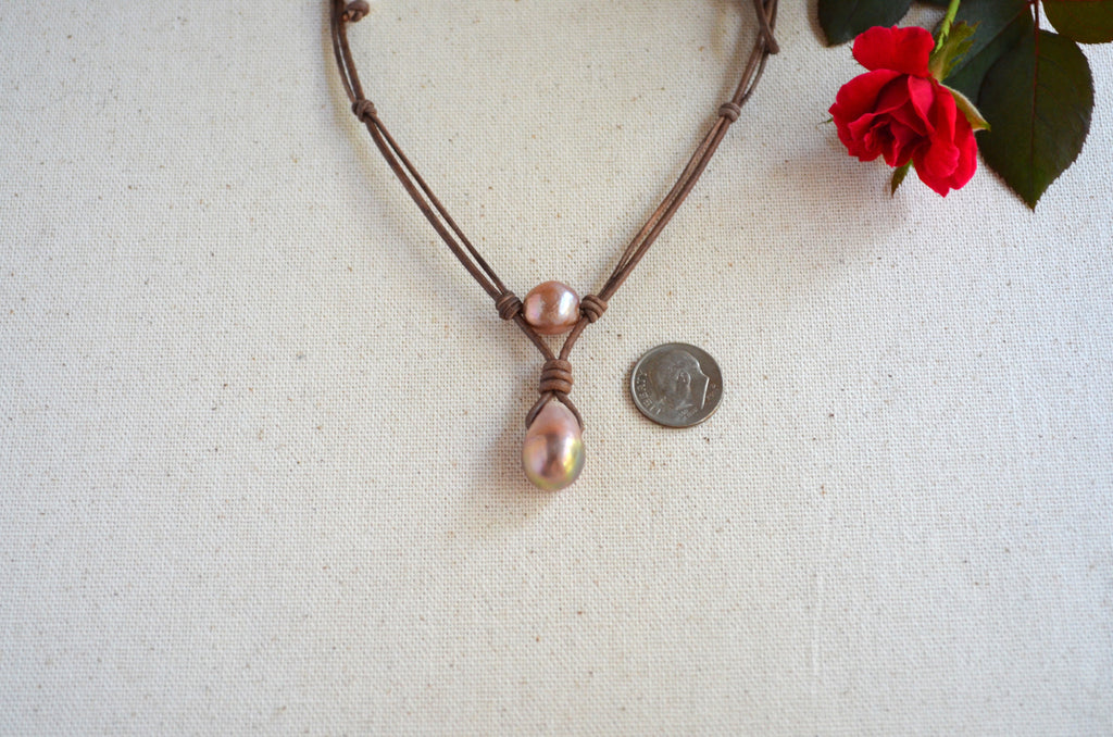 Pink Mauve Edison Pearl Necklace on Knotted Leather