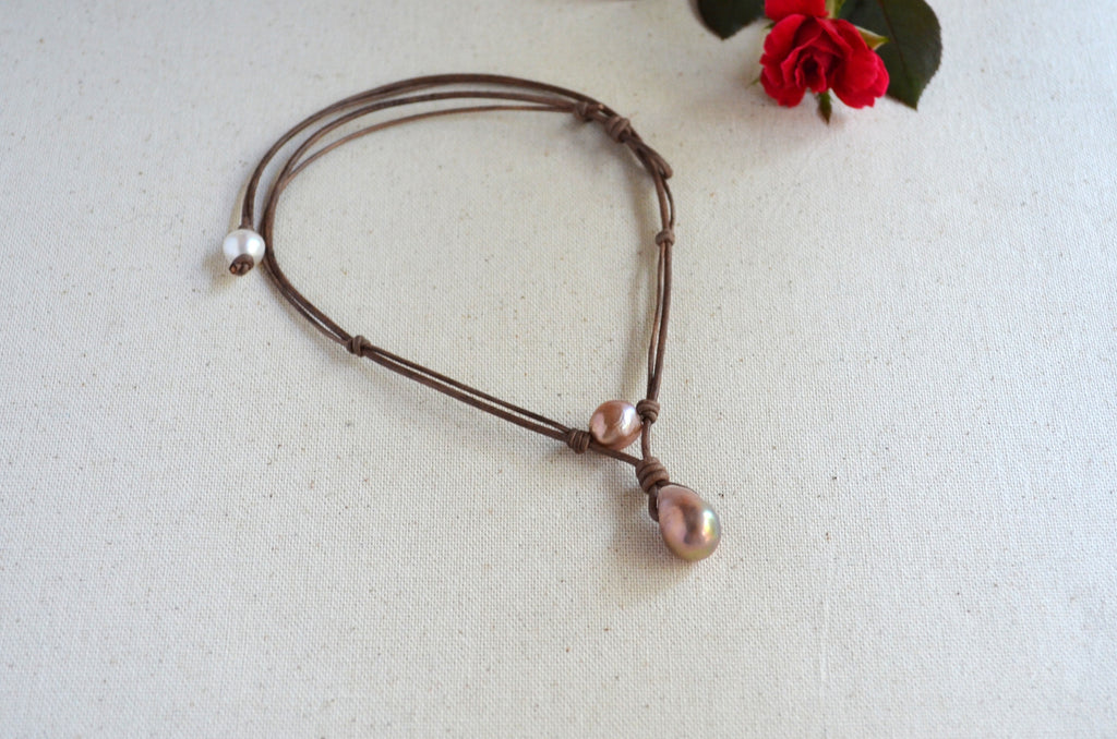 Pink Mauve Edison Pearl Necklace on Knotted Leather